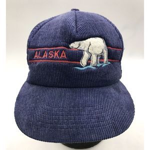 Vtg ACE Alaska Blue Corduroy Bear Trucker Snapback Hat Cap- RARE